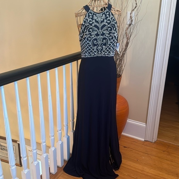 Morgan & Co. Dresses & Skirts - Morgan & Co NWT navy blue dress with white and silver bling made in USA 🇺🇸